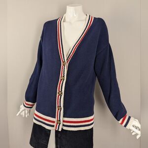 Vintage GAP Cardigan XS Cotton Navy Red White Preppy Button Down Striped Trim